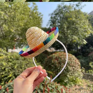 Close-up detail shot of a colorful Mexican straw hat headband, featuring vibrant woven edge.