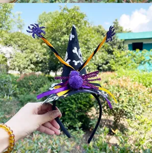 Halloween witch hat headband with skull pattern and cute spider decoration for holiday party.
