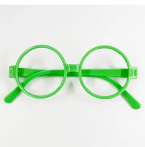 Round green plastic glasses frame detail view, perfect costume accessory for party or event use.