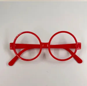 Red round glasses frames without lenses, classic costume accessories for parties and cosplay.