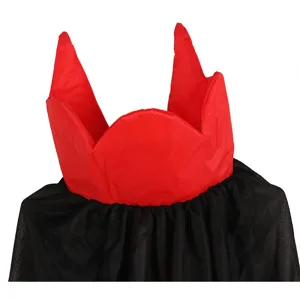 Close-up detail of the red stand-up collar and black cape for Halloween party costume wear.