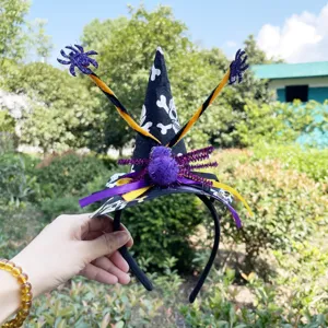 Halloween witch hat headband with skull pattern and cute purple spider for party costume 1pc