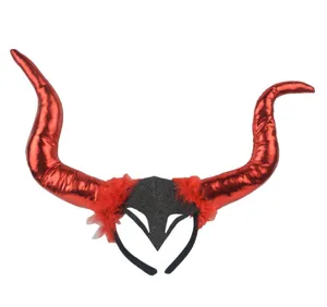 Halloween red devil horn headband costume accessory, shiny party hair hoop for festival events.