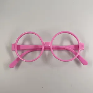 Pink round plastic glasses frame, fun costume accessory for party, dress-up, and holiday events.