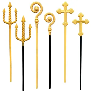 Halloween goldene Kostüm Requisiten Set mit Dreizack Bischofstab und Kreuz Zepter für Party