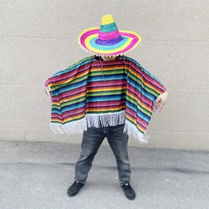 Vibrant Colorful Mexican Poncho and Sombrero Costume Adult Striped Cloak Party Outfit
