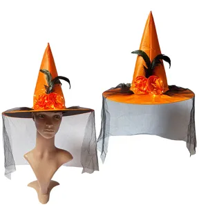 Halloween Hexenhut mit Schleier LED Lichter Feder Rose Kostüm Party orange Zauberhut Details