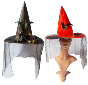 Halloween LED Hexenhut mit Schleier Rosen und Federn für Party Kostüm Cosplay Verkleidung.