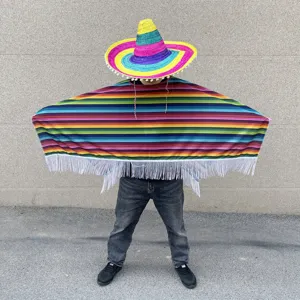 Mexican striped poncho costume adult colorful festival party cape with sombrero hat outfit