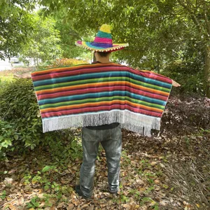 Adult Mexican Poncho Costume Colorful Striped Serape Cape With Sombrero Hat Party Outfit