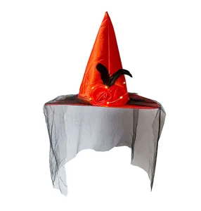 Halloween LED Hexenhut orange Party Kostüm Kopfbedeckung mit Rosen Feder und Netz Schleier