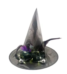 Chapeau de sorcière lumineux pour fête d'Halloween, lumières LED et boules disco.