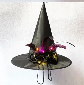 Cappello da strega LED di Halloween luminoso costume festa magico con piume perline
