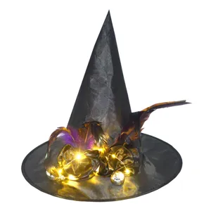 Chapeau de Sorcière Lumineux en Tissu Oxford Noir Orné de Plumes de Roses et de Lumières LED Intégrées pour Costumes de Fête d'Halloween et Déguisements