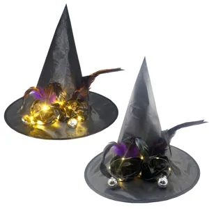 Chapeaux de sorcière noirs lumineux LED avec plumes et boules disco pour fête d'Halloween