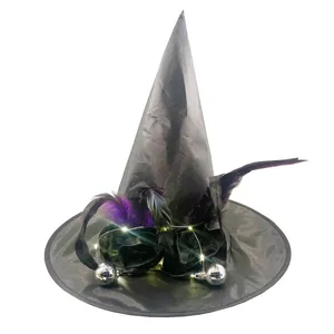 Chapeau de sorciere lumineux avec lumieres LED et boules disco pour fete Halloween
