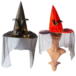 Halloween LED Hexenhut mit Schleier und Rose, leuchtendes Zauberer Kostüm Zubehör für Party