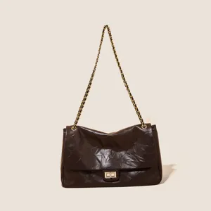 Vintage brown leather shoulder bag women chic chain crossbody tote handbag elegant daily retro purse