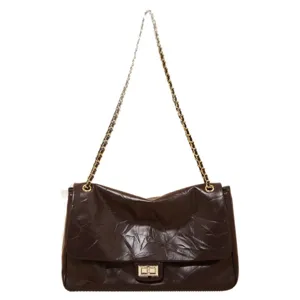 Women vintage quilted shoulder bag PU leather crossbody bag classic chain purse brown