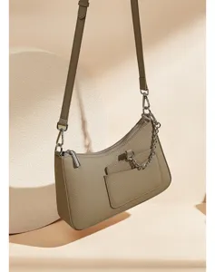 Detailed view of the trendy taupe genuine leather underarm shoulder bag with chic chain.
