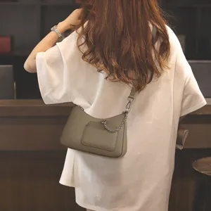 Genuine Leather Underarm Bag For Women Fashion Solid Color Crescent Shoulder Bag Chic Metal Chain Daily Handbag