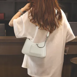 White genuine leather shoulder bag crescent hobo handbag for women with chain detail main view