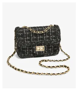 Black tweed chain shoulder bag elegant luxury style crossbody flap bag for women chic accessory