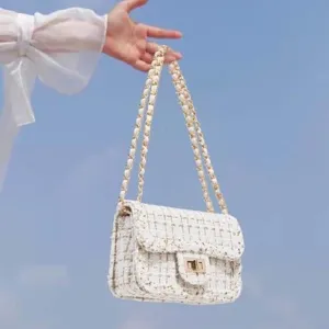 Woven Tweed Crossbody Bag For Women Luxury Small Square Shoulder Bag With Metal Chain Lock Daily Designer Handbag