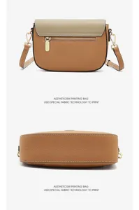 Two-tone leather saddle bag for women, stylish crossbody messenger bag with metal hardware.
