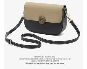 Genuine leather color block saddle bag for women, stylish crossbody handbag with adjustable strap.
