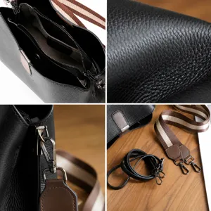 Borsa a secchiello in vera pelle da donna, elegante borsa a tracolla con scomparti.