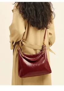 Wine Red Shiny Leather Hobo Shoulder Bag with Chunky Gold Chain Accent and Adjustable Strap