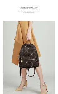 Fashion brown monogram mini backpack for women, casual commuter travel school daypack bag.