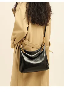 Stylish women black glossy leather shoulder bag chic gold chain hobo bag elegant purse