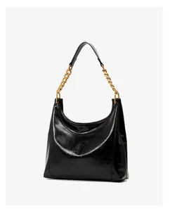Black patent leather hobo shoulder bag with luxury gold chain strap and elegant curved design.