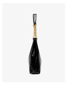 Detailed side view of the black glossy crinkled leather hobo shoulder bag with gold chain