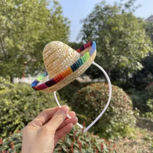 Mini Mexican straw hat headband colorful woven trim funny party costume doll pet hair accessory