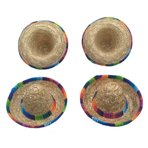 Mini Mexican straw hats with colorful woven trims, perfect for pet costumes and doll accessories.