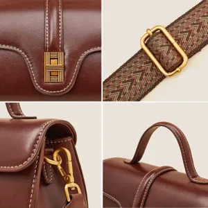 Genuine leather top handle crossbody bag for women with wide strap and chic metal clasp.