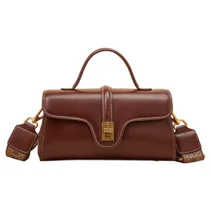 Brown leather top handle bag, chic crossbody shoulder bag with wide strap for women