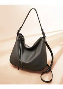 Genuine leather women's shoulder bag, stylish commuter hobo tote with tassel and zipper.