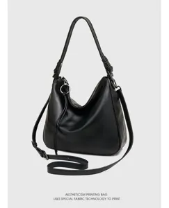 Black genuine leather hobo shoulder bag, stylish casual crossbody bag for women's daily commute.