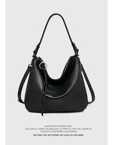 Black leather shoulder bag detail, elegant tote with metallic ring and zipper design.