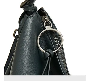 Genuine leather handbag metallic zipper and ring pull detail close up texture view for women