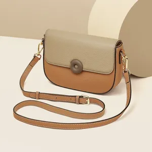 Women genuine leather colorblock crossbody saddle bag fashion trendy shoulder bag new
