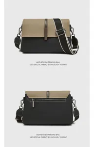 Genuine leather color-block detail showing multi-compartment crossbody shoulder bag design.