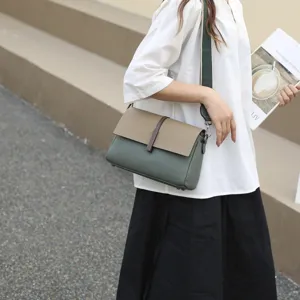 Women Genuine Leather Crossbody Bag Color Block Casual Shoulder Bag Stylish Flap Handbag Multi-Compartment Daily Purse