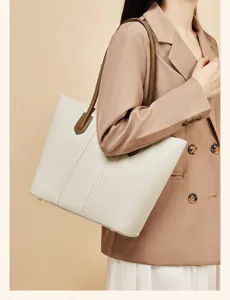 Elegante große beige Shopper Tasche mit braunen Trägern für Damen Mode und Büroalltag.