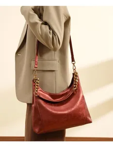 Elegant red hobo shoulder bag for women with chunky gold chain, large capacity stylish daily purse.