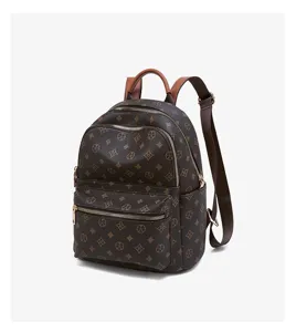 Brown monogram vintage casual small backpack for women, daily commute stylish lightweight daypack.